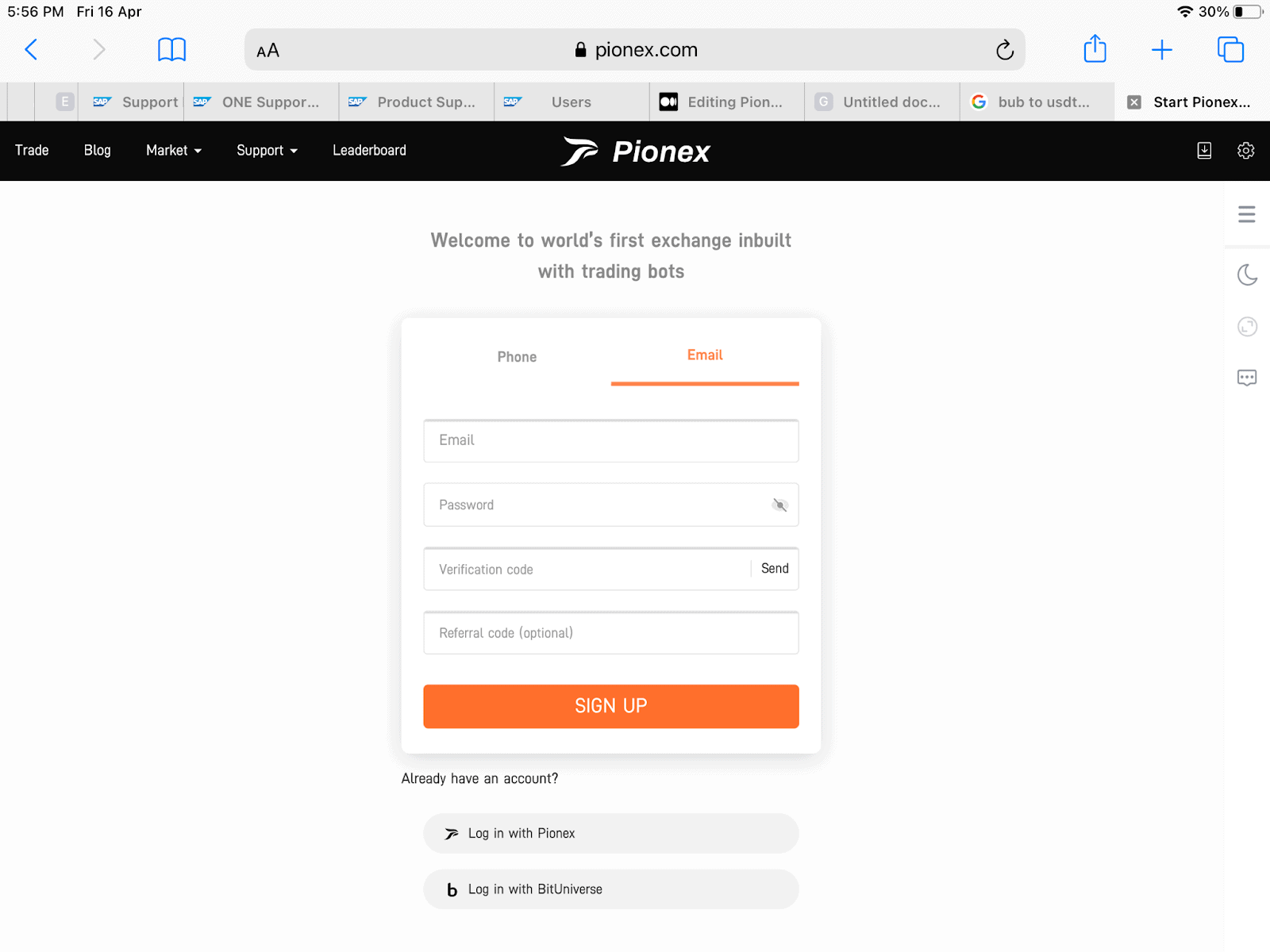 Pionex Sign Up Page