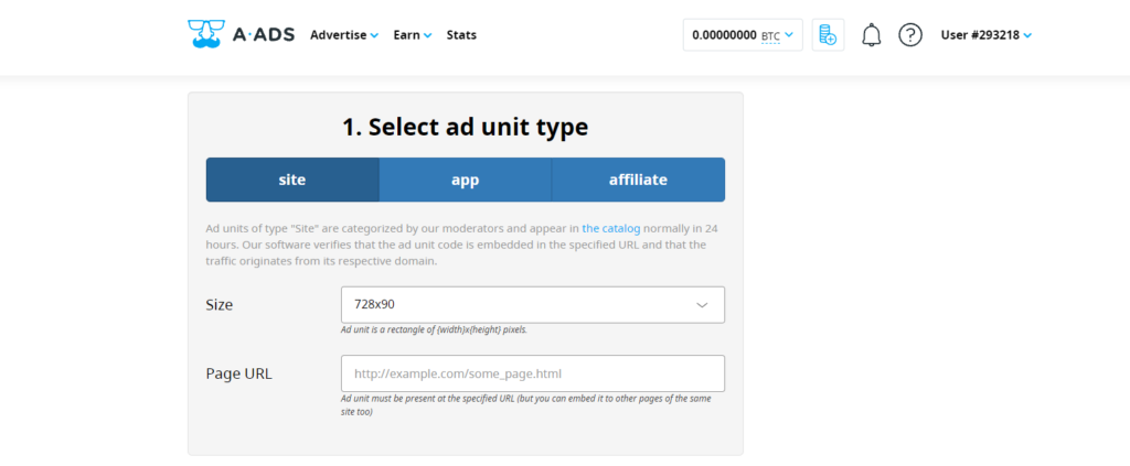 Select Create Ad Unit Type