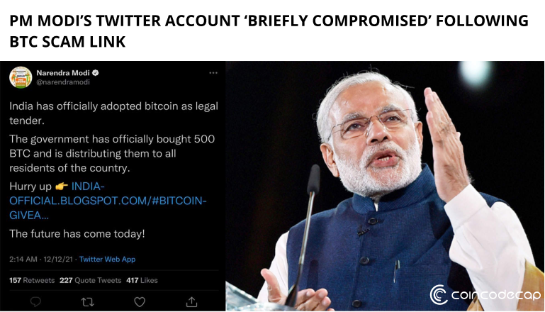 PM Modi's Twitter handle hacked briefly, bitcoin tweet posted