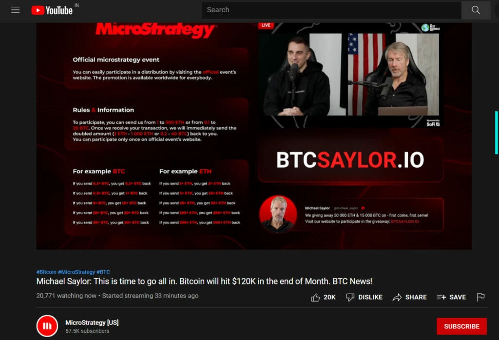 People Scammed With Fake Michael Saylor Live Stream