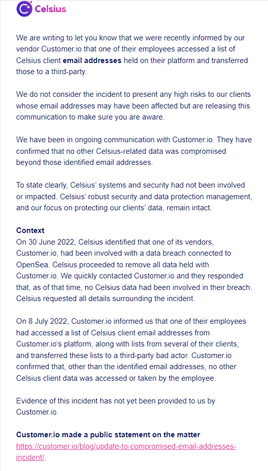 Bankrupt Celsius Confirms Client Emails Leaked By Ex-Customer.io Engineer