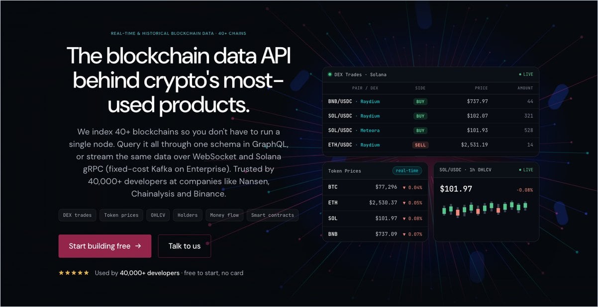 Bitquery Blockchain Data Api Homepage Showing Live Solana Dex Trades Across 40+ Chains Via Graphql