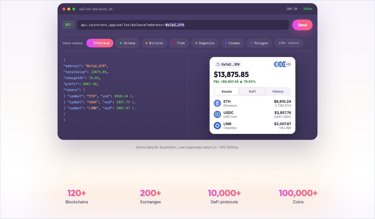 Coinstats Api Live Demo Returning Wallet Balance, P And L And Defi Positions From One Request