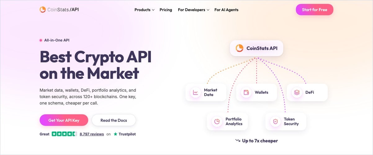 Coinstats Api Homepage Showing Market Data, Wallets, Defi And Portfolio Analytics Across 120+ Blockchains