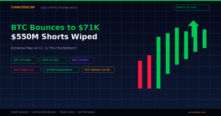 Bitcoin Bounces To $71K On March 24 2026 After $550 Million Short Squeeze With Sol And Eth Rallying Amid Extreme Fear Index At 11