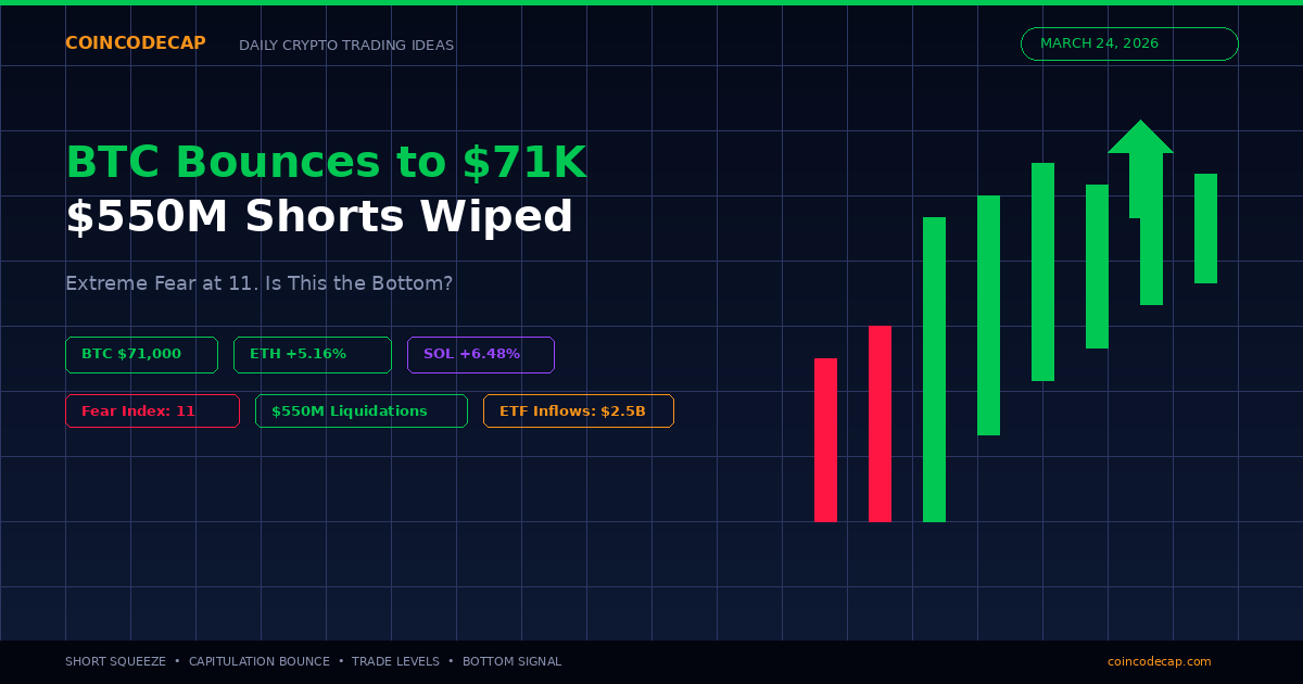Bitcoin Bounces To $71K On March 24 2026 After $550 Million Short Squeeze With Sol And Eth Rallying Amid Extreme Fear Index At 11