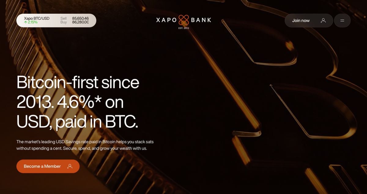 Xapo Bank Homepage On 2 October 2026 Advertising 4.6% On Usd, Paid In Btc, For New Members