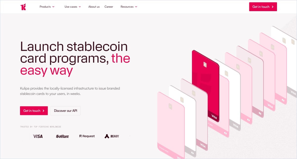 Kulipa Review: Stablecoin Card Infrastructure For Fintechs 4 Kulipa Cards Product Page Showing Branded Stablecoin Card Designs And Partner Logos