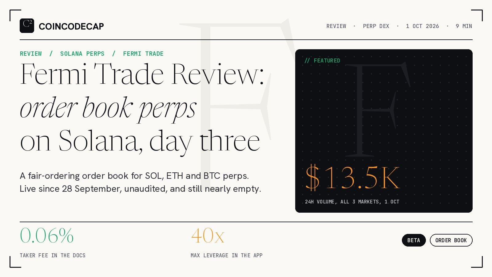 Fermi Trade Review Cover: Order Book Perps On Solana, 13.5K Dollars Of 24-Hour Volume, 0.06 Percent Taker Fee, 40X Max Leverage